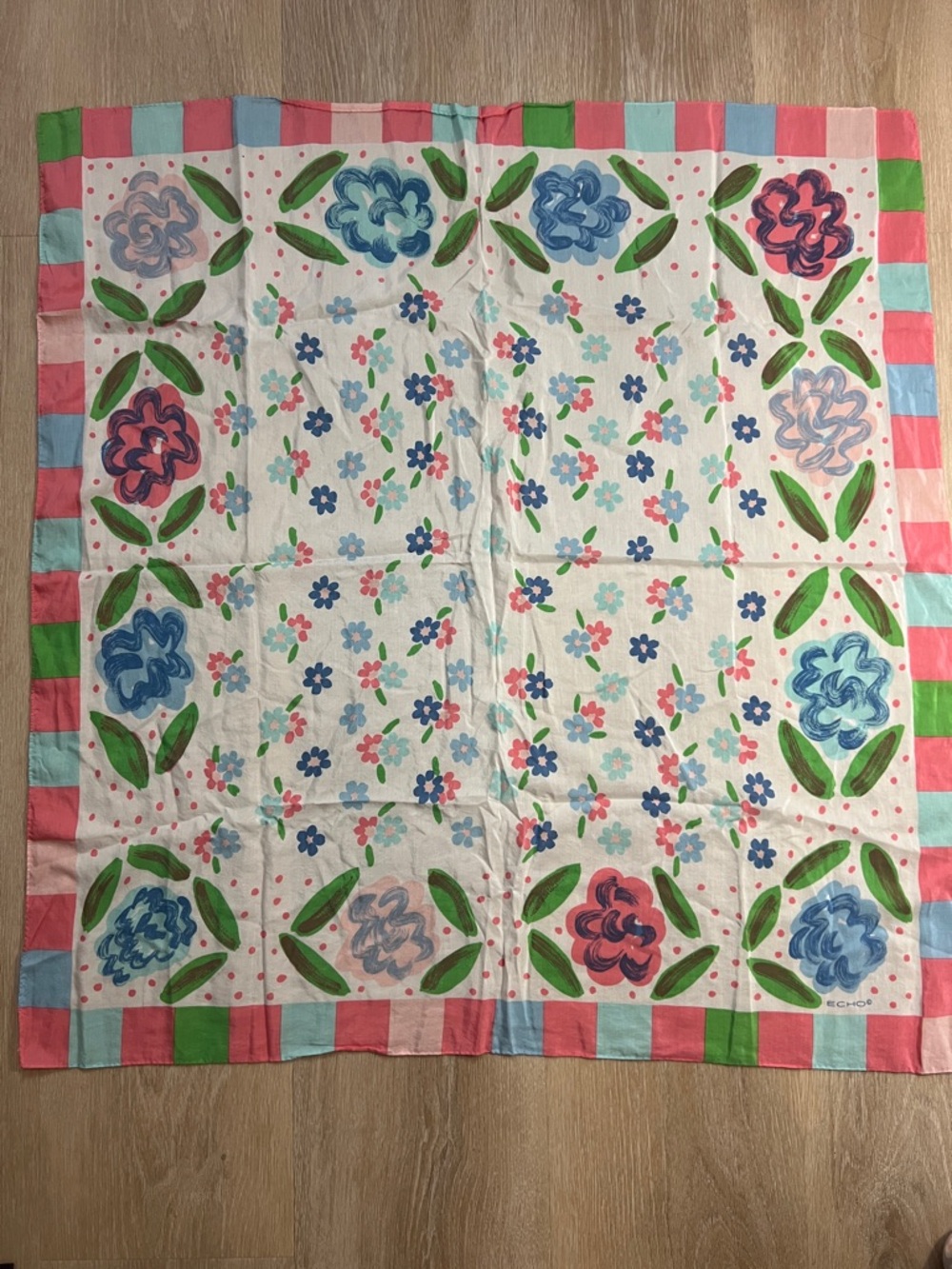 Echo Floral Border Cotton Scarf in Pink, Blue, Green